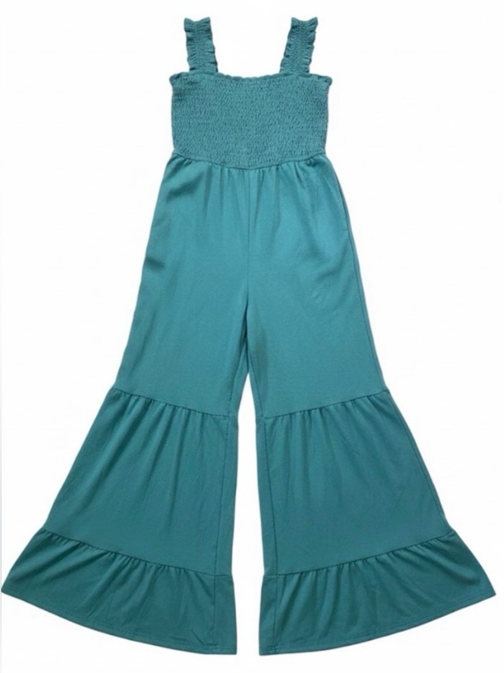 Teal Smocked Jumpsuit Women’s Small Wide Leg Ruffle Hem Boho Romper - Picture 3 of 3